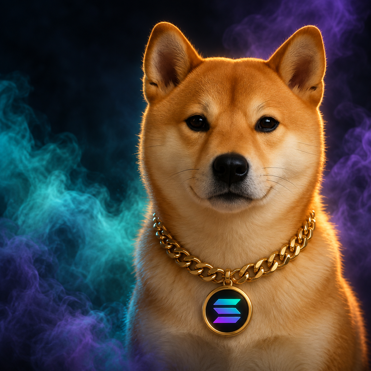 Regal Shiba Inu wearing a gold Solana pendant amid cyan and purple smoke
